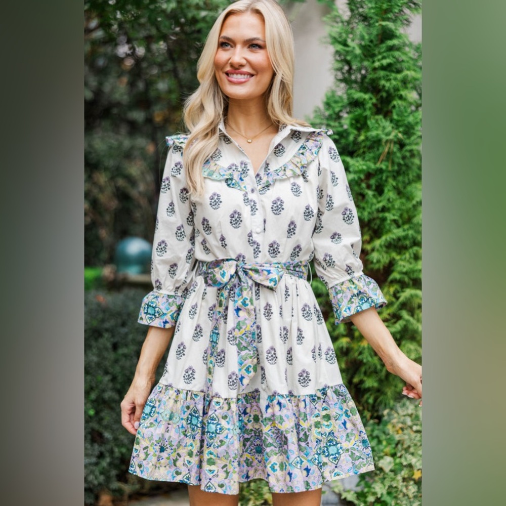 Shop The Mint White Lavender Mixed Print Ruffle Dress Size Medium